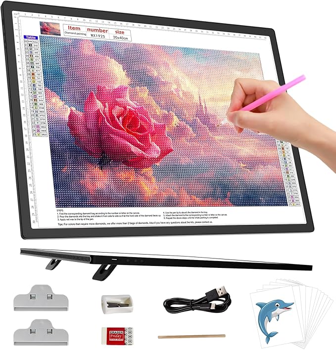 HIUKCOLED A3 Built-in Tilt Stand Light Tracing Box, 6-level&Stepless Dimmable Adjustable Brightness Light Pad with 3 Colors,Battery Powered LED Light Board for Drawing,Diamond Painting,Sketching,X-Ray