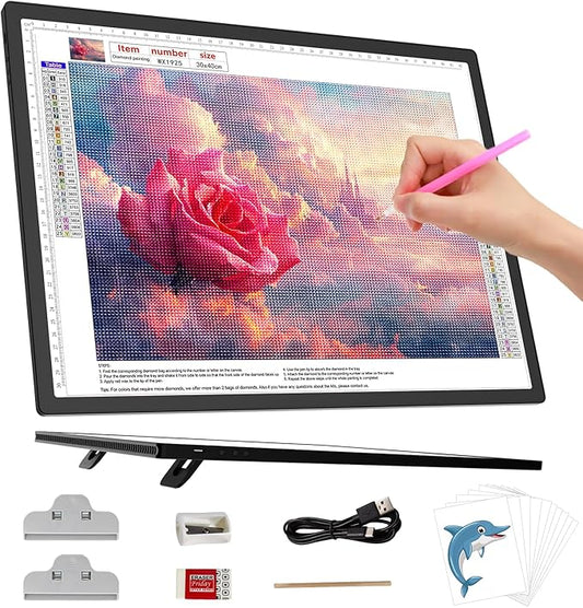 HIUKCOLED A3 Built-in Tilt Stand Light Tracing Box, 6-level&Stepless Dimmable Adjustable Brightness Light Pad with 3 Colors,Battery Powered LED Light Board for Drawing,Diamond Painting,Sketching,X-Ray