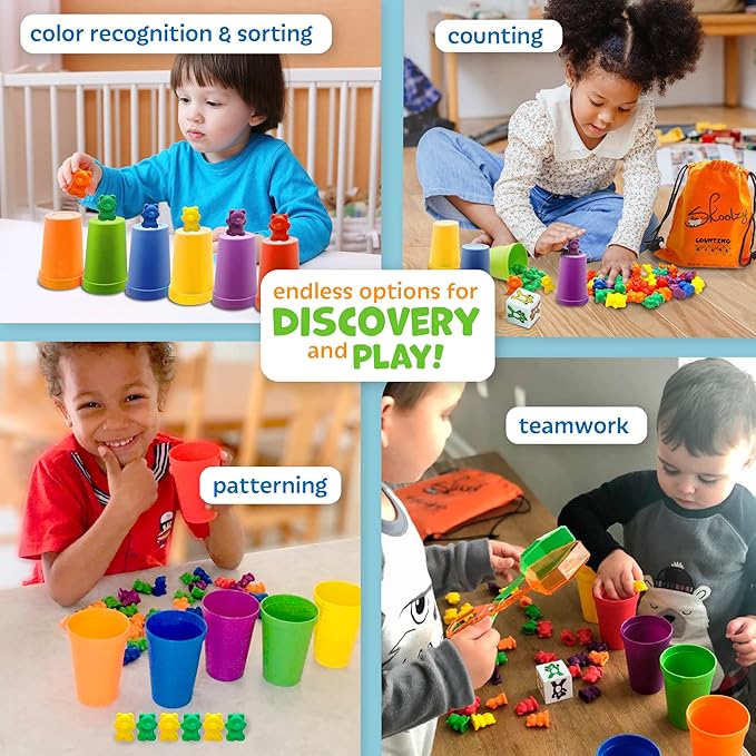 Skoolzy Rainbow Counting Bears, Rainbow Tongs & Sorting Cups - 74 Pcs Color Sorting Toys - Teddy Bear Math Manipulatives for Toddlers 36+ Months for Preschool Kindergarten