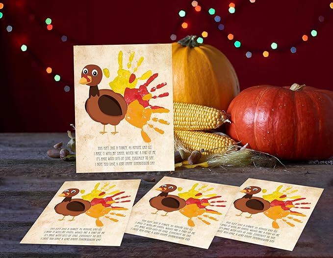 Handprint Art Craft Kits, DIY Happy Thanksgiving Keepsake, Handprint Baby Keepsake Gifts, 10 Turkey Cards, Thanksgiving Party Games, Make Your Own Thank You Greeting Cards Gifts for Mom and Dad, 01