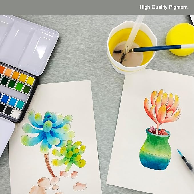 Watercolor Paint Set, 48 Premium Colors,Artist Grade, Includes 2 Artist Brushes,20 sheet Water color Paper Pad,2 Water Pen, Perfect Travel Watercolor Set for Artists and Painting Lovers