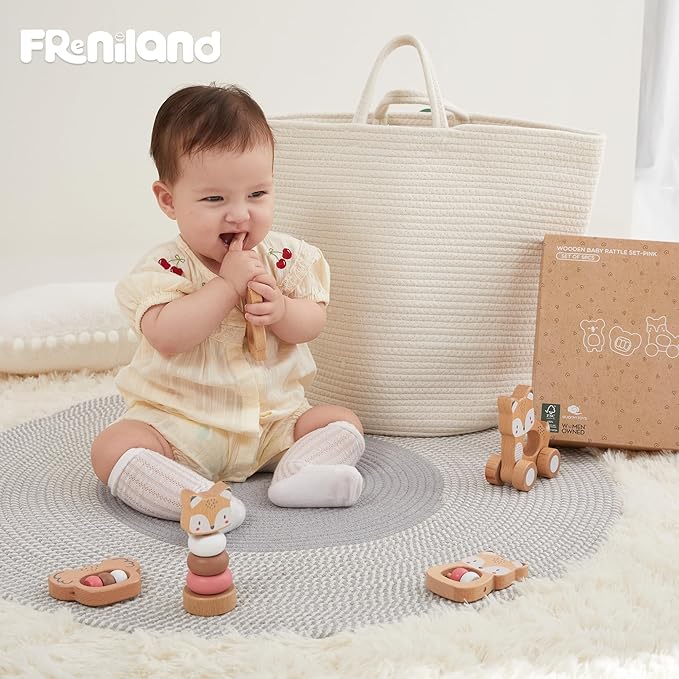 Freniland Wooden Montessori Toys, 5-Piece Wooden Baby Toys, Koala Wooden Baby Rattle, Fox Stacking Ring Baby Toys, Little Fox Wooden Baby Push and Pull Toys,Newborn Baby Gift Sets for Boys and Girls