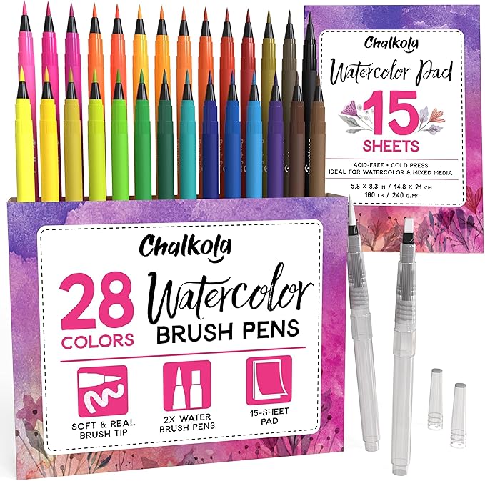 Chalkola Watercolor Brush Pens for Lettering, Coloring, Calligraphy - Set of 28 Watercolor Pens, 15 Painting Pad & 2 Water Color Markers - Drawing Art Supplies for Kids, Adults, Professional Artist