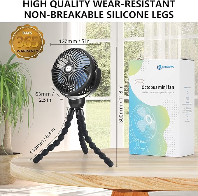 snawowo Mini Portable Baby stroller Fan, Battery Operated Personal Small Handheld Fan, 360° Rotate Flexible Tripod Rechargeable Clip On for Car Seat Crib Bike Treadmill Travel Camping Black
