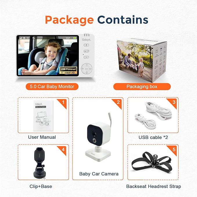Wireless Baby Car Camera Monitor 5" HD 1080P IPS, 360° Rotating Camera with Auto/Manual Night Vision, 1000ft Range, Anti-Glare Display & USB Charging for Backseat, Home, Travel,Camping