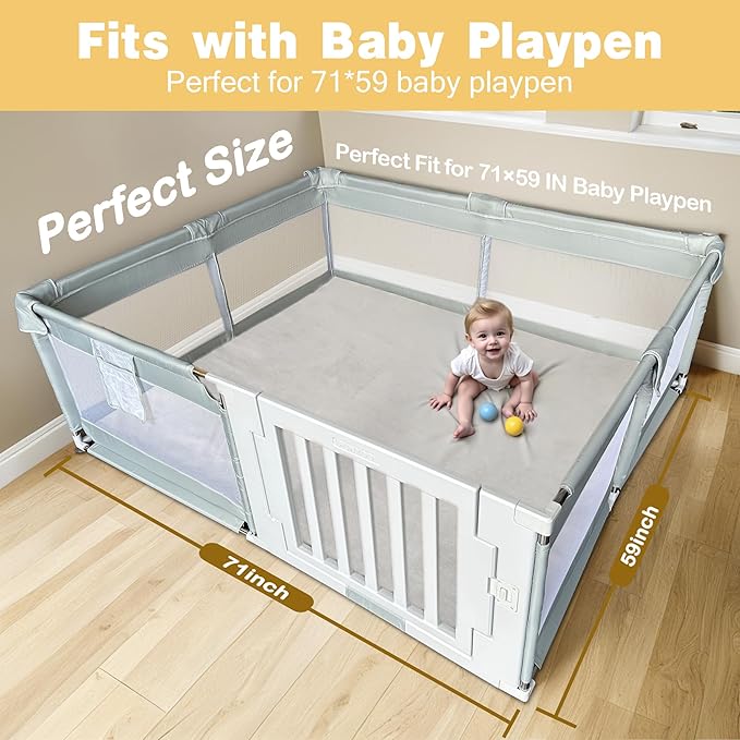 71" ×59" Padded Baby Play Mat for Floor, 1.2" Thick Memory Foam Mat with Machine Washable Cover, Soft Tummy Time Crawling Playmat with Non-Slip Bottom, Fits 71" x59" Playpens