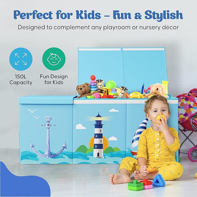Extra Large Collapsible Sturdy Toy Storage Organizer with Lids, Ocean Theme Toy Box for Boys & Girls, 40"x16"x16", Modern, Blue