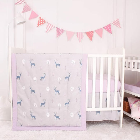 CaSaJa Baby 3-Piece Crib Bedding Set for Boys Girls, Including Soft Quilted Comforter(Blanket), Fitted Crib Sheet and Skirt, Soft Nursery Bedding Set Made of Silky Comfy Materials, Reindeer Forest