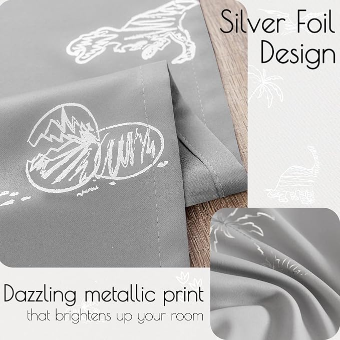 Vangao Grey Blackout Curtains Dinosaur Curtains for Boys Kids Nursery Girls Room Silver Dino Foil Print Thermal Insulated Grommet Top Window Drapes 63 Inches Length 2 Panels