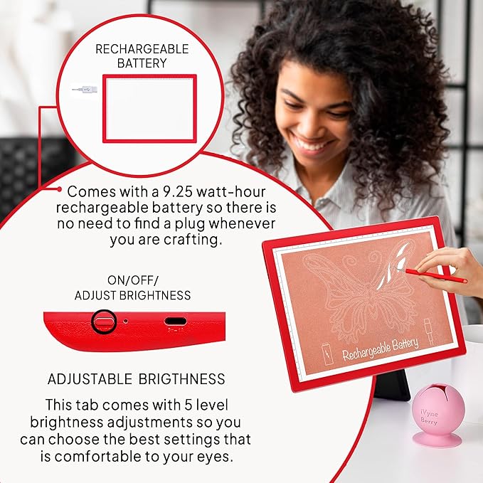 iVyne Rechargeable A4 Light Pad for Tracing & Weeding - LED Light Board for Weeding Vinyl - for Cricut Vinyl Weeding Tools - Ultra-Thin & Portable - Perfect for Artists & Crafters - Red