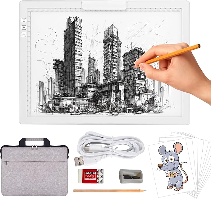 Rechargeable A4 Light Pad with Bag, Innovative Stand and Top Clip, Elice Wireless Bright Light Tracing Board Portable Artcraft Tracer Box for Drawing, Cricut Weeding Vinyl, Diamond Painting (White)