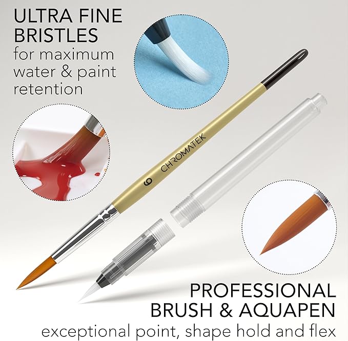 CHROMATEK Watercolor Paint Set β 128 Vibrant Colors for Artists & Beginners with Palette β Includes Metallic, Fluorescent, Pastel & Opaque Shades, Brushes, Pad, Swatch Sheets & Travel Case