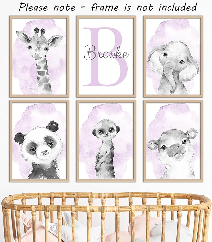 Safari Animals Set of 6 Unframed Poster Prints for Baby Girls Nursery Bedroom Playroom, Personalized Name, Choice of 12 Animals, Pink Purple (11x14)