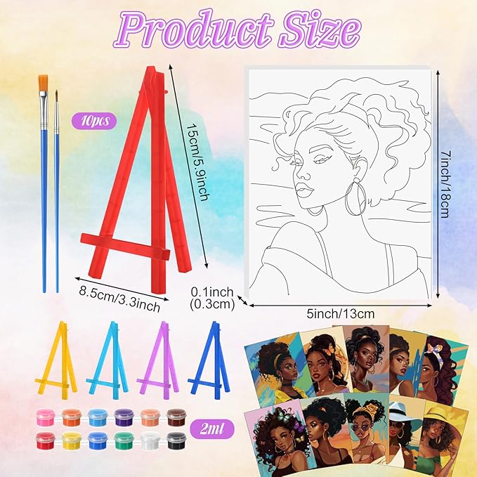 Blosssound 10 Set Pre Printed Canvas Pre Drawn Canvas Painting with Easel Kits 5" x 7" Outline Painting Panels for Beginners, DIY Craft Project, Party Favor, Home Decors(Black Women)