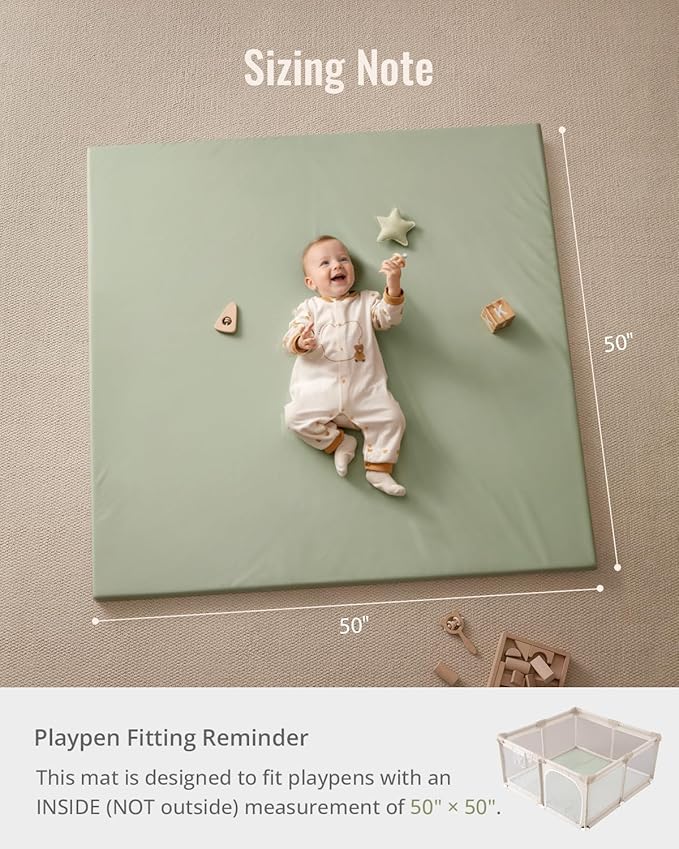 Blissful Diary Vegan Leather Baby Play Mat, 50x50 Thicken Foam Cushioned & Waterproof Playpen Mat for Infants and Toddlers, Stylish and Just Wipe-Clean Playmat for Baby Play on Floor, Light Green