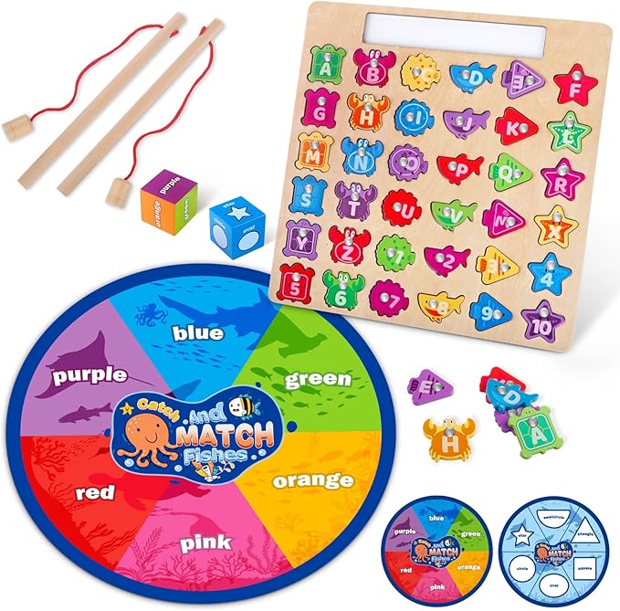 Wooden Montessori Toys for Toddlers 3-5, Magnetic Fishing Games, Color and Shape Sorting Sensory, Letter& Number Educational Toys for 3 4 5 6 Girls Boys Preschool Educational