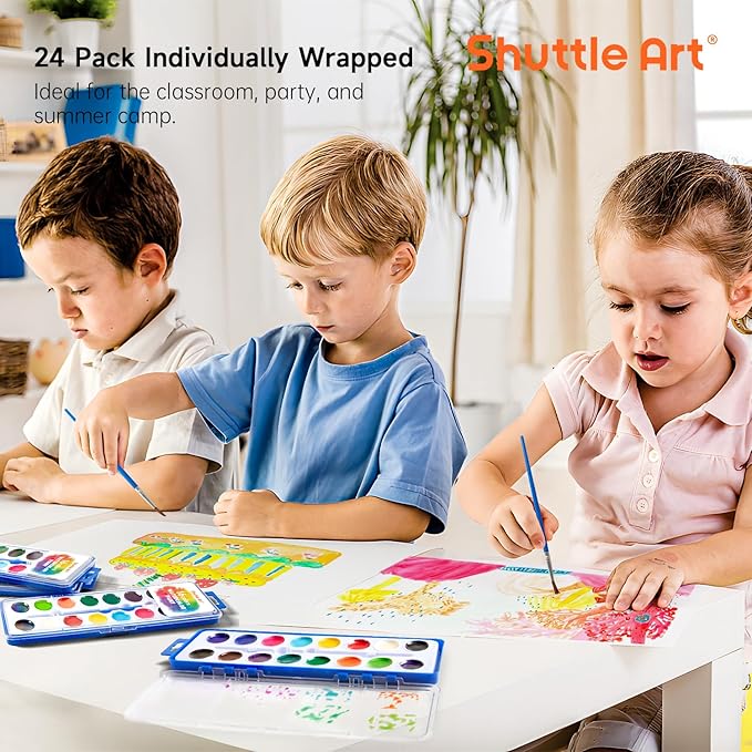 Shuttle Art 16 Colors Watercolor Paint Set Bulk, Pack of 24, Watercolor Paint Set with Paint Brushes for Kids and Adults, Washable Paint for Classroom, Parties, Kindergarten and Art Activities