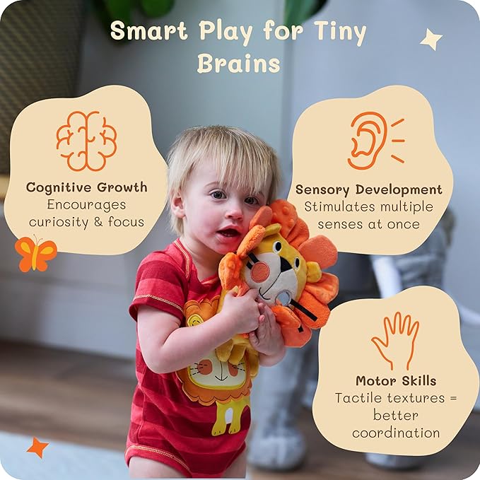 Roary The Lion Crinkle Toy for Baby - Sensory Tummy Time Toys - Plush Stuffed Animal with Teething Toy Chew Ring