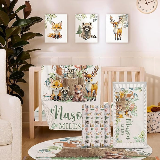 Personalized Baby Crib Bedding Set for Baby Boys Girls, Animal Stump Pattern Custom Name Baby Crib Sets 5-Pcs, Toddler Double Layer Blanket Fitted Sheets Changing Pad Cover Rug Wall Art Set