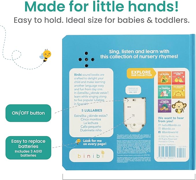 Binibi Spanish Musical Book for Toddlers 1-3 Estrellita ยฟDรณnde Estรกs? & Other Nursery Rhymes | Spanish Learning for Kids | Bilingual Children's Sound Book | Libro en espaรฑol para bebรฉs