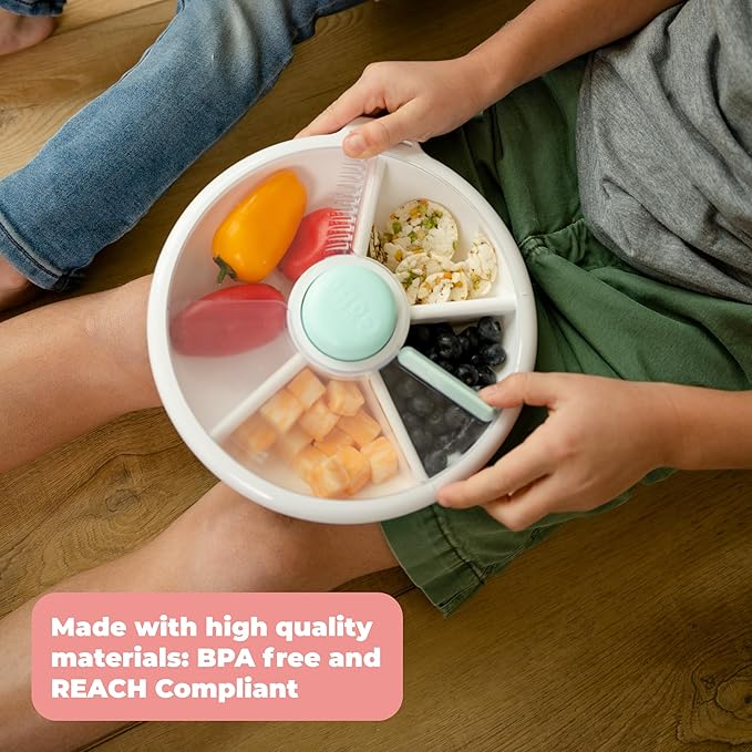 GoBe Kids Large Snack Spinner Slide Bundle with Hand Strap and Sticker Sheet - Reusable Snack Container with 4 Compartment Dispenser and Lid | BPA/PVC Free | Dishwasher Safe | No Spill - Mint Green