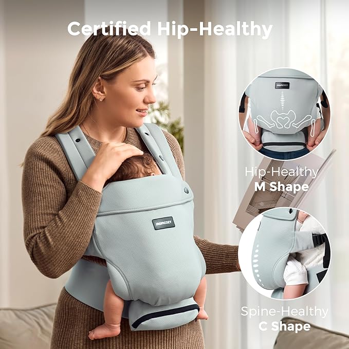 Momcozy Newborn Baby Carrier - Ergonomic, Cozy and Lightweight Carrier for 7-24lbs, Adjustable Neck Support with Sunshield, Breathable Airmesh Perfect for Summer Outing, Silver Grey