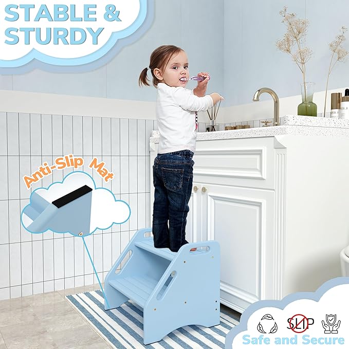 AMBIRD Wooden Step Stool, Two Step Stools 300 lbs Capacity with Safety Non-Slip Pads and Handles, Bamboo Step Stool for Bathroom, Kitchen Dual Height Step Stools for Kids (Sky Blue)