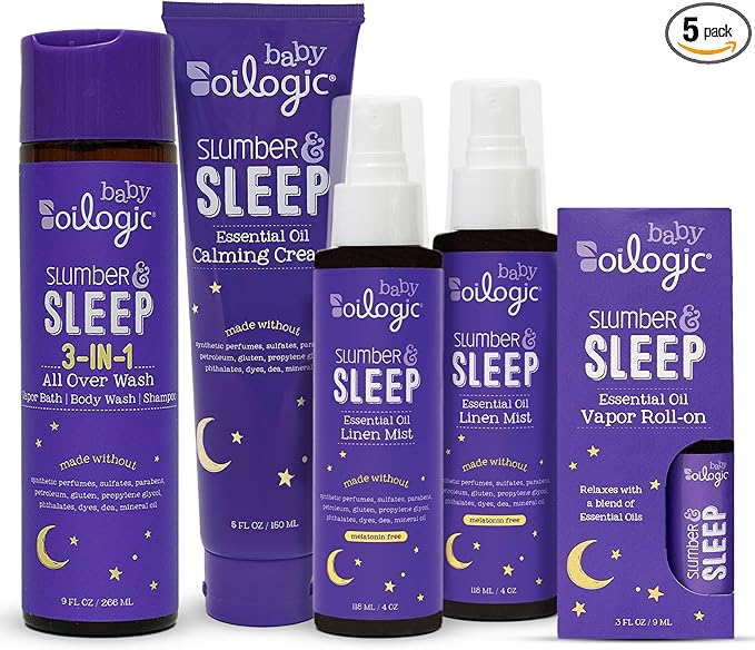 Oilogic Slumber & Sleep Bath Baby Essentials Gift Set - Includes All Over Wash, Calming Cream, Sleep Spray & Roll-On Essential Oils - Pediatrician-Tested Sleep, Comfort & Wellness Blends for Babies
