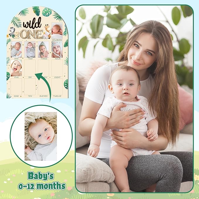 R HORSE My First Year Photo Frame Board, 3D Wild One Birthday Decoration, Jungle Themed Baby First Year Picture Frame 12 Months Milestone Display Wood Board Nursery Decor Gift for Boy Girl