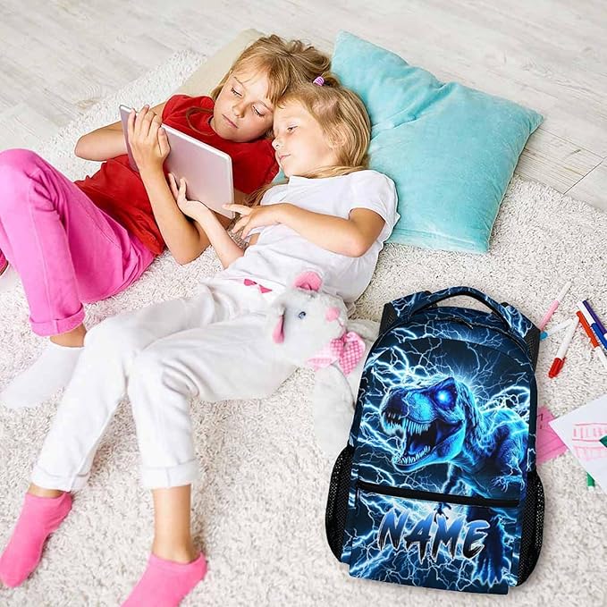 Dinosaur Backpack for Boys, Kids Custom Lightning Bookbag Gift with Name for Kindergarten Primary Senior Middle, 17 Inch Lightweight Cool Personalized Backpacks for School