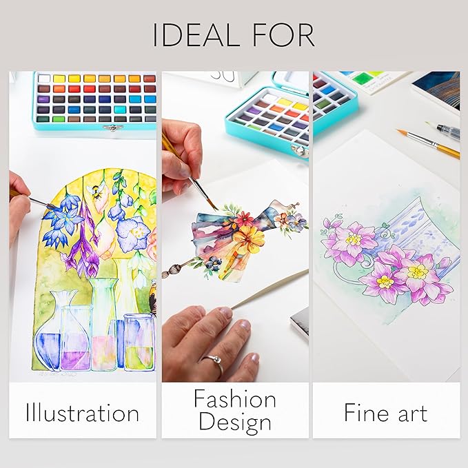 CHROMATEK Watercolor Paint Set β 50 Vivid Colors Including Transparent, Opaque & Pastel β Art Kit with Brush, Water Pen, Palette, Color Chart, Swatch Sheets, Pad & Metal Travel Case