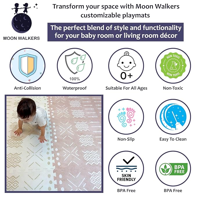 MOON WALKERS Stylish Boho Baby Play Mats for Floor, (6x6ft) Play Mat for Babies and Toddlers, Non-Toxic, Soft, Thick, Tummy Time Mat for Crawling (Extra Large 9 Tiles, Beige Aztec)