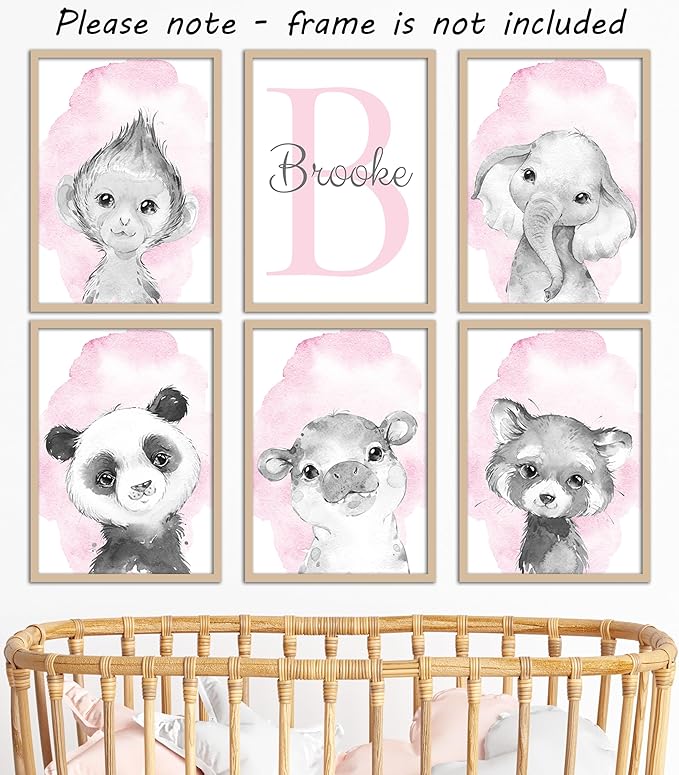 Safari Animals Set of 6 Unframed Poster Prints for Baby Girls Nursery Bedroom Playroom, Personalized Name, Choice of 12 Animals, Pink Purple (9x12)