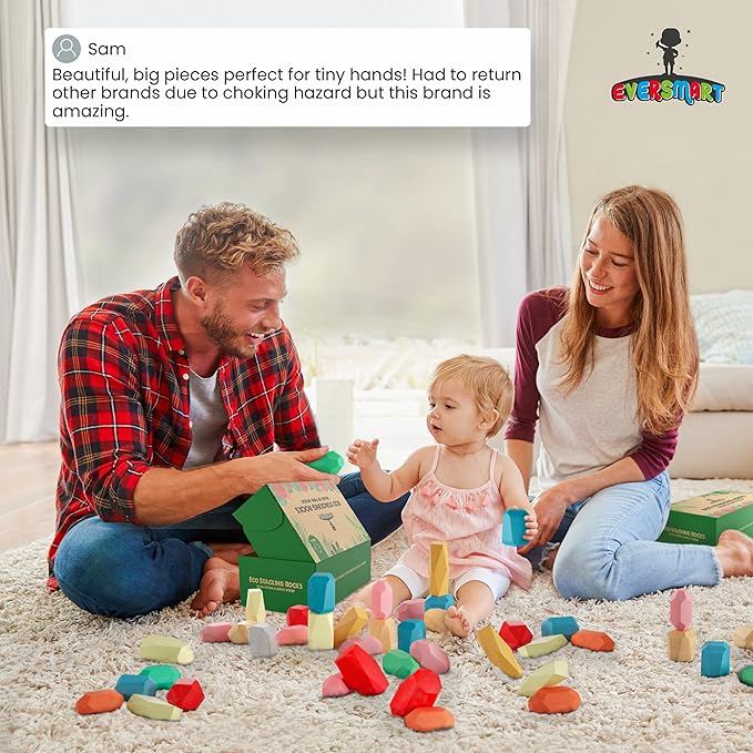 36 Pcs Wooden Stacking Blocks β Montessori Toys for 1 2 3 4 5 6 Year Old Toddlers and Kids, XL Rocks, No Choking Hazard β Sensory STEM Building Stones, for Girls and Boys