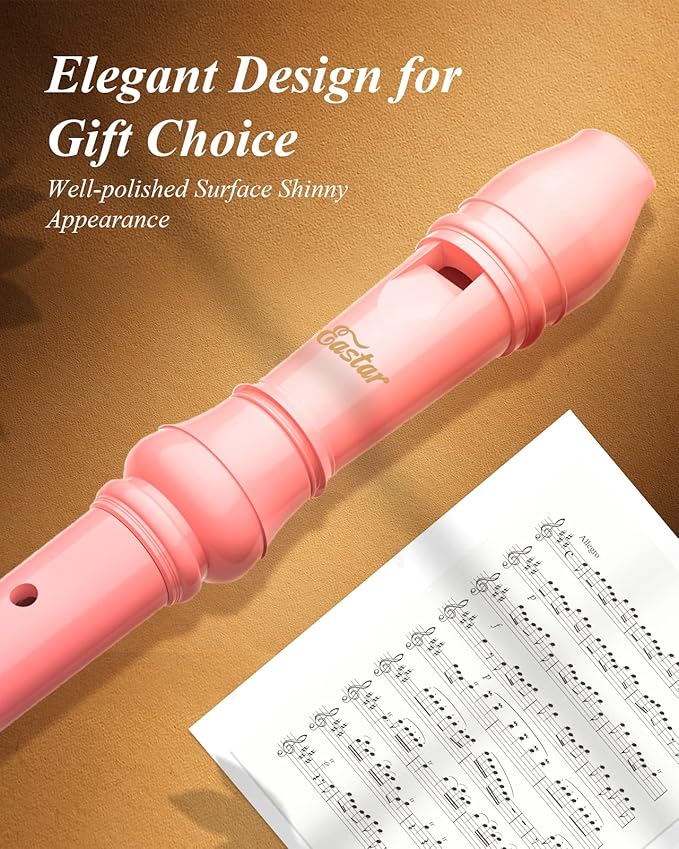 Eastar Soprano Recorder Instrument for Kids Beginners, German Fingering C Key with Cleaning Kit, Thumb Rest, Cotton Bag, Fingering Chart, ERS-21GP, Pink, School-Approved