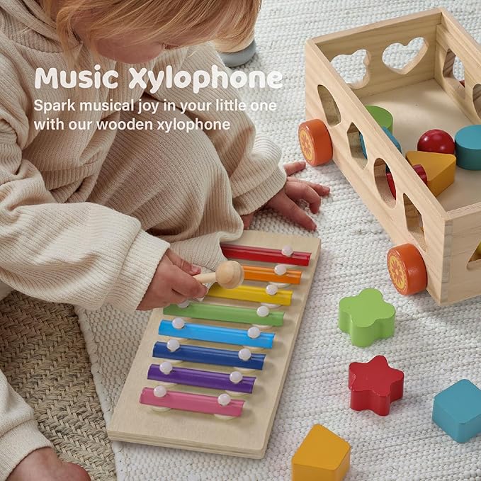 Shape Sorter - Wooden Xylophone and Montessori Number Puzzle Set for Babies - Educational Sorting Game with Storage Car for Toddlers