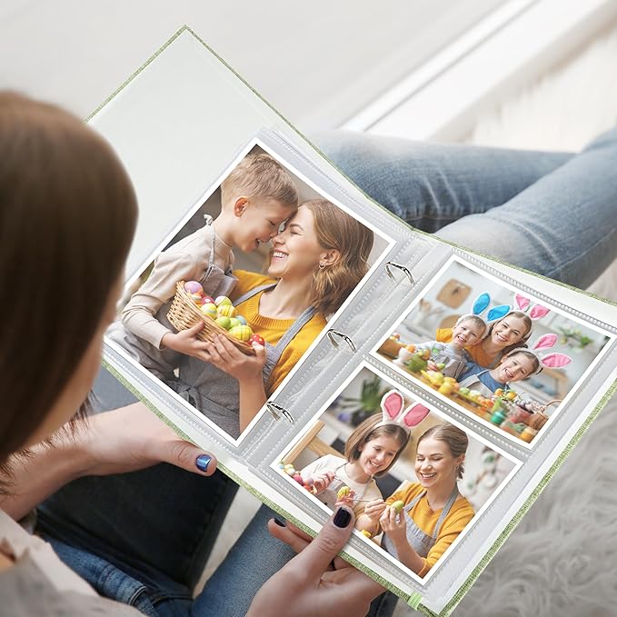 Vienrose Linen 3-Ring Photo Album Holds 190 Photos, 160 4x6 Photos and 30 6x8 Pictures, Picture Album with Multiple Size Pockets, Memory Book for Family Wedding Anniversary Baby, Green