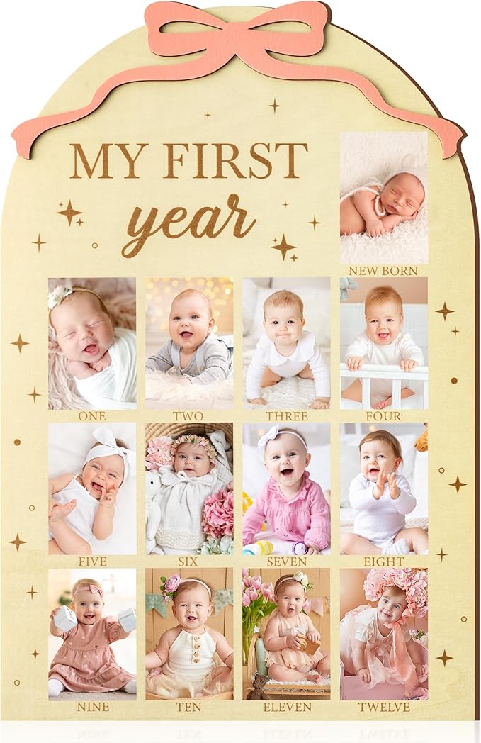 R HORSE My First Year Photo Frame Board, 3D Coquette Pink Bow Display Wood Board, Baby’s First Year 12 Months Milestone Sign 1st Birthday Frame Nursery Decor Keepsake Gift for Boy Girl