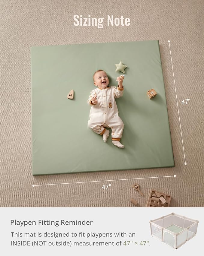 Blissful Diary Vegan Leather Baby Play Mat, 47x47 Thicken Foam Cushioned & Waterproof Playpen Mat for Infants and Toddlers, Stylish and Just Wipe-Clean Playmat for Baby Play on Floor, Light Green