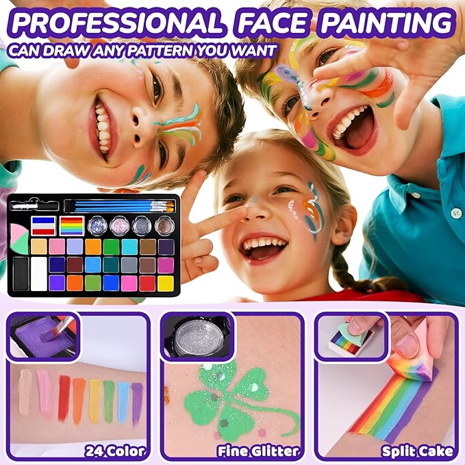 Face Painting Kit for Kids with 24Colors, Rainbow Cakes, Stencils, Gem Stickers, Glitter, Brushes, Temporary Tattoos – Non-Toxic Washable Face Paint for Halloween, Birthday Party, School Events