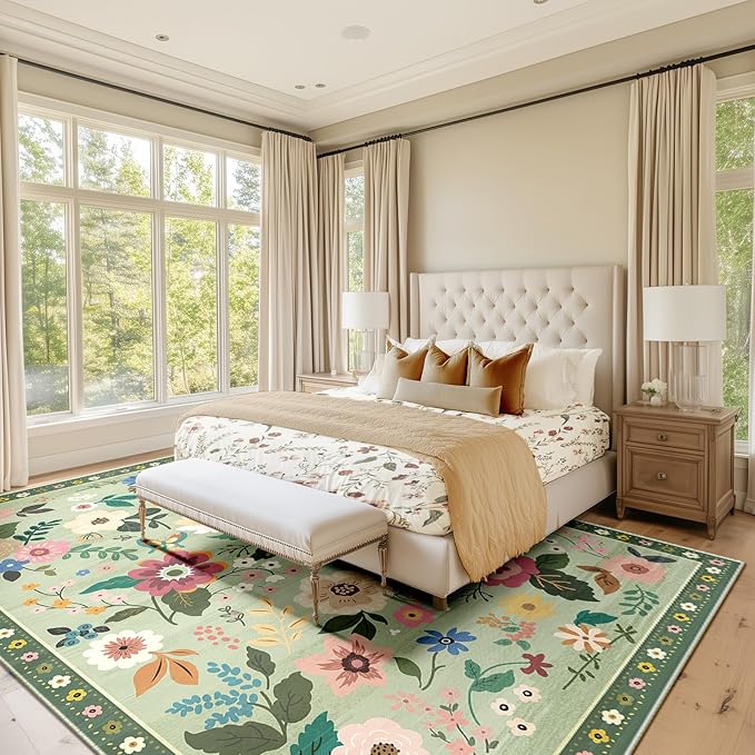 Floral 5x7 Area Rug Machine Washable Soft Print Boho Carpet Non Slip Doormat Low Pile Flower Area Rugs for Living Room Bedroom Nursery Kitchen Dining Room Indoor-Light Green