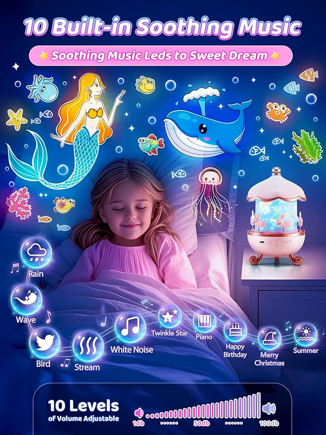 Carousel Night Light for Kids, 10 Music+15 Films+315 Colors Star Projector for Kids Night Light Projector,360°+Remote+1200mah Star Lights for Ceiling, Unicorn Toys for Girls Room Decor Princess Gifts