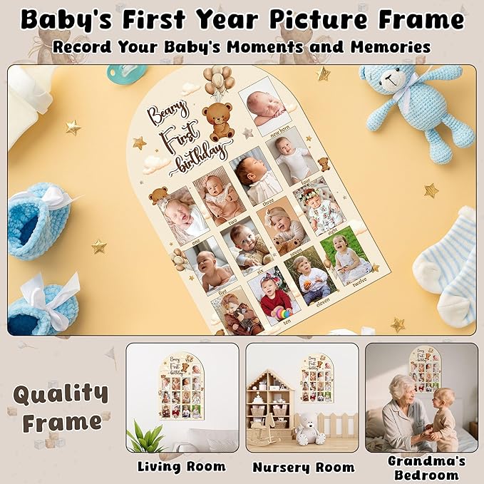R HORSE My First Year Photo Display Wood Board - 3D Brown Bear Baby's First Year Picture Frame, 12 Months Beary Milestone Board Neutral Baby Keepsake Gift 1st Birthday Nursery Decor for Boy Girl
