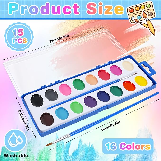 15 Pack Watercolor Paint Set for Kids, 16 Colors Washable Water Colors with Paint Brushes, Washable for Classroom Party Favor Art Activities