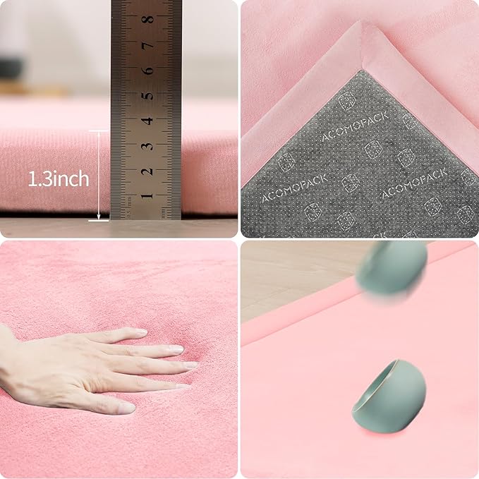 ACOMOPACK Baby Play Mat for Floor 1.3" Thick Memory Foam Play Mat 79"×157" Tummy Time Crawling with Non-Slip Bottom for Living Room,Nursery,Soft Velvet Playpen Mats for Kids,Infants(Pink)