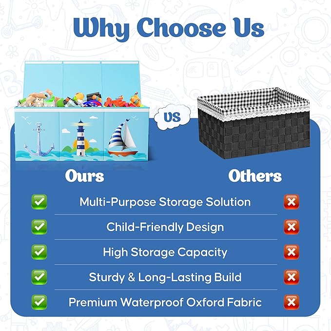 Extra Large Collapsible Sturdy Toy Storage Organizer with Lids, Ocean Theme Toy Box for Boys & Girls, 40"x16"x16", Modern, Blue