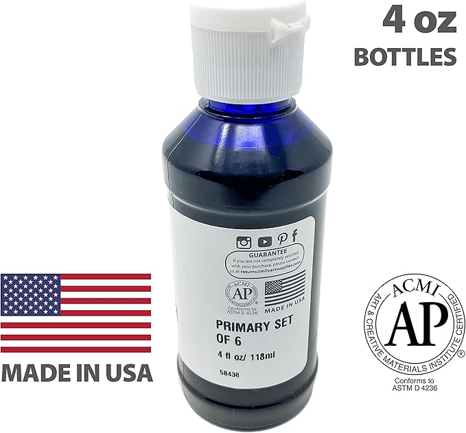 milo Liquid Watercolor Paint Set of 8 Colors | 4 oz Bottles | Washable, Safe and Non-Toxic | Made in USA | Art & Craft Paints for Kids, School Supplies Painting Set for Children | Easy to Pour Fluid Bottles