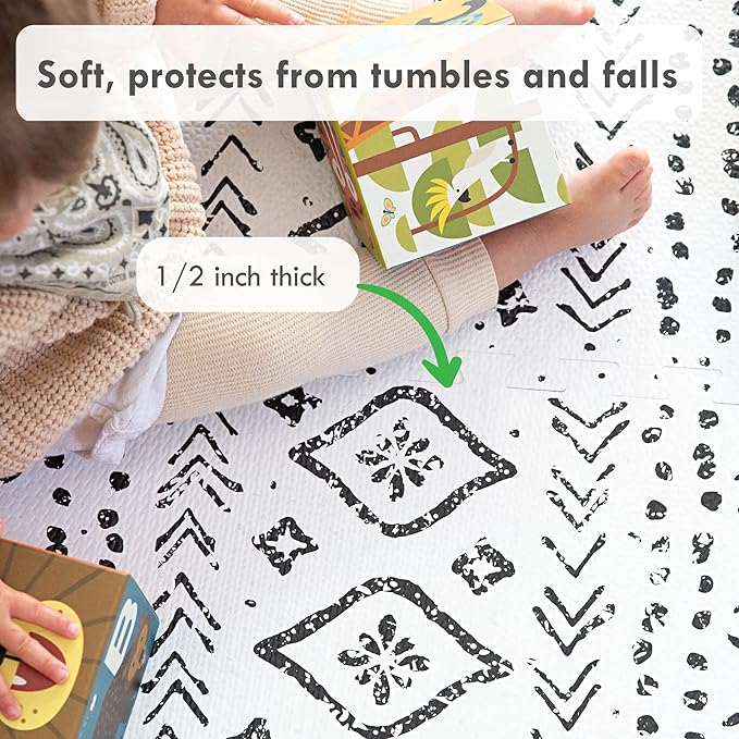 Lillefolk Baby Play Mat for Floor – 6x6ft Boho | Soft Non Toxic Premium EVA Foam Tiles for Tummy Time, Crawling & Playroom – Waterproof Interlocking Floor Mat for Babies & Toddlers (9 Tiles)