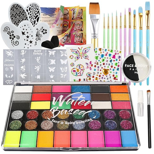 Pintada 42 Color Face Painting Kit for Kids +30g Black and White Face Paint - Non Toxic Water Based Face Paint Palette With Stencils, Brush, Gems. For Carnival, Halloween, Costume Makeup