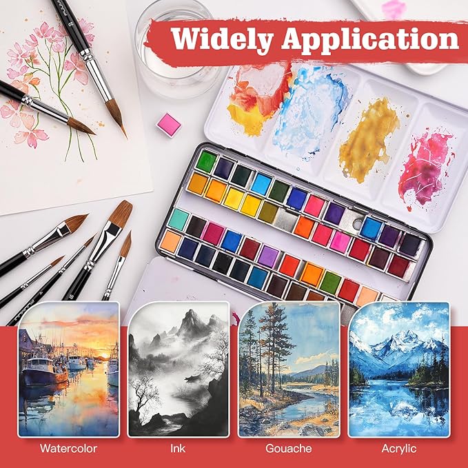 Watercolor Brush Set, Fuumuui 7pcs Professional Sable Paint Brushes with Extended Needle, Round Point, Flat, Dagger, Cat's Tongue for Watercolor, Acrylic, Gouache – Detail & Wash Painting